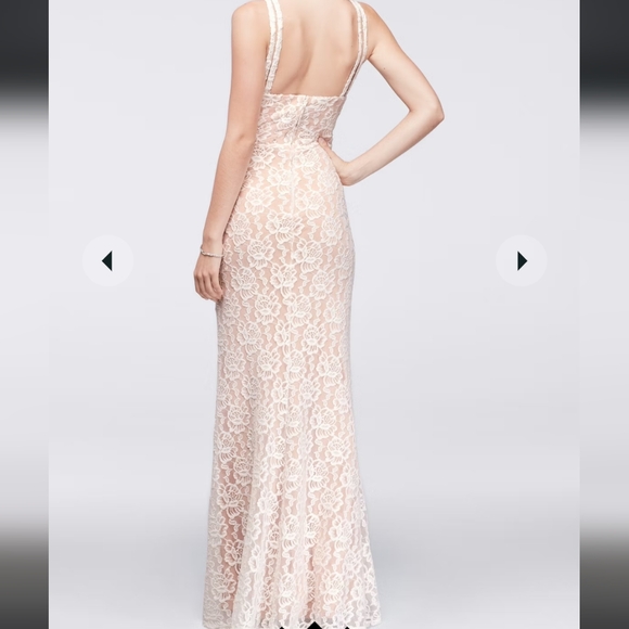 Long Lace Dress with Cutaway Bodice and Slit Skirt - Picture 12 of 14